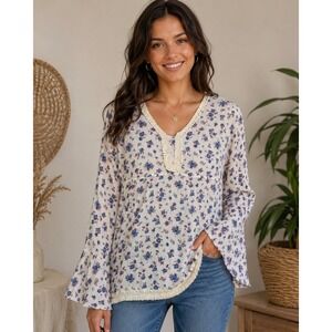 Decree Women's XL Boho Floral Peasant Blouse 100% Cotton Gauze Crochet Trim Bell